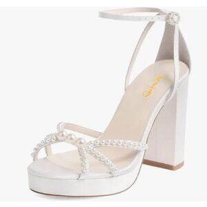 XYD White Open Toe Strappy Platform Pearl Block Heels Classic Ankle Strap Sandal